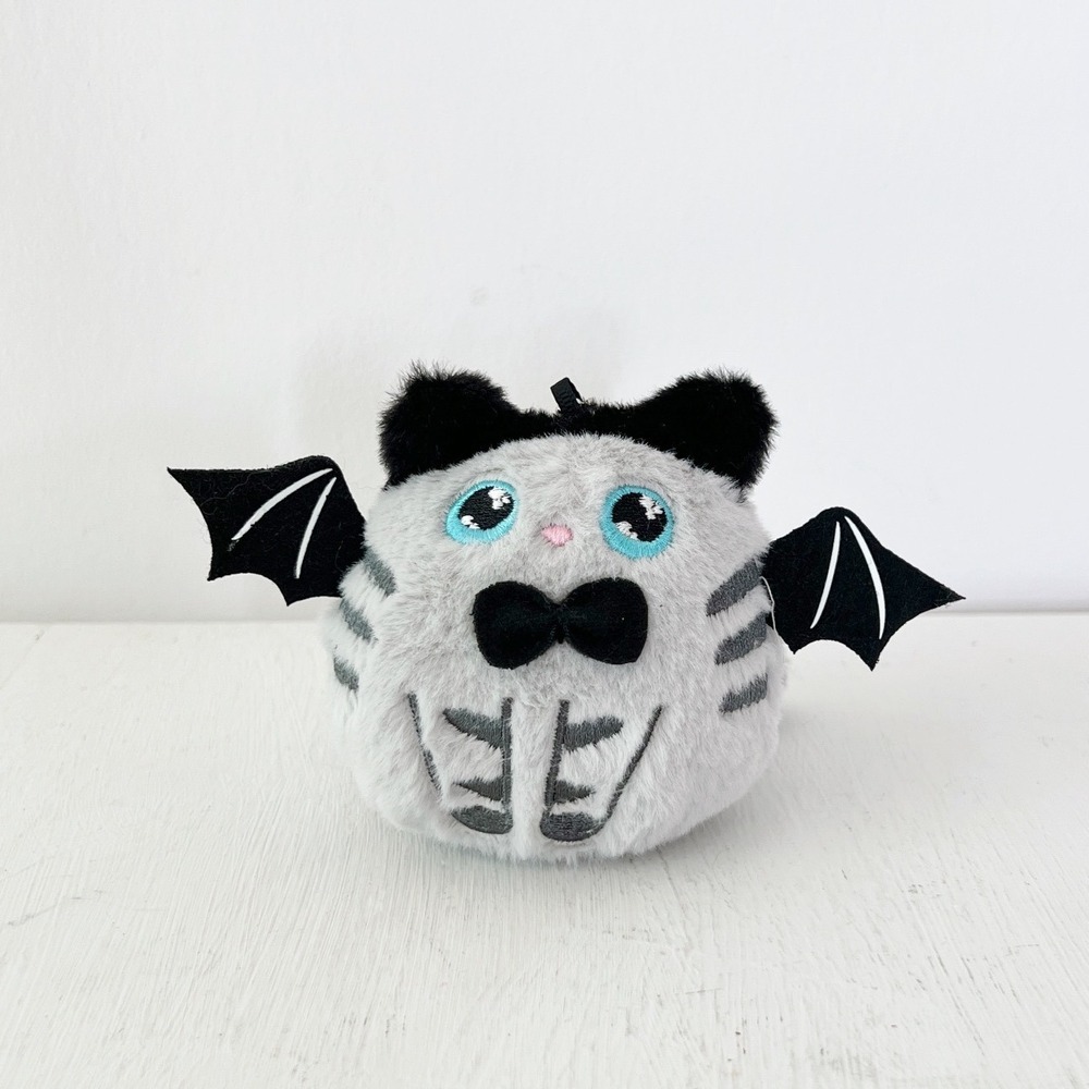 Bat Cat Plush Keychain Grey Spooky Halloween Winged Kitten Bow Tie